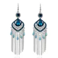 Pendientes largos de borla vintage con cristal de lágrima azul oscuro y pedrería brillante. - Plata antigua y azul