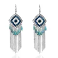 Pendientes flecos metal bohemio detalle, diseño colgante estrás romboado calado. - Plata Antigua-Azul Lago