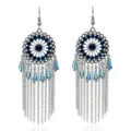 Pendientes largos de borla bohemios vintage plateados cristales azules flecos joyas. - Plata Antigua-Azul Pavo Real