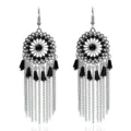Pendientes colgantes largos de cadena flecos metal plateado estilo bohemio vintage. - Plata Vintage - Negro