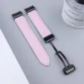 Pink litchi pattern leather watch strap with magnetic folding clasp for smart watch. - Watch 6 / Pink with Black Hardware