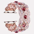 Detailed view of luxury rose gold metal rhinestone watch band compatible with Apple Watch sparkling gems. - 1202 Rose Gold Red