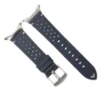 Dark blue perforated leather watch strap with silver metal buckle and connectors. - Dark Blue