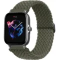 Detailed view of smartwatch with olive green braided nylon loop strap and adjustable buckle. - 20mm / Army Green