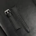 Black leather watch strap with silver buckle, quick release design for universal wear. - 20mm / Silver Buckle - Black with Black Stitching