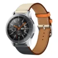 Detailed view of color-blocked PU leather watch strap with silver metal case and dial. - 9# Indigo Pink White