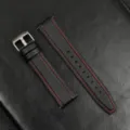 Black leather watch strap with red stitching and silver buckle, universal quick-release design. - 20mm / Silver Buckle - Black with Red Stitching