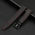 Black leather watch strap with red stitching, quick release design and metal buckle. - 20mm / Black Buckle - Black with Red Stitching