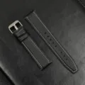 Zwarte lederen horlogeband vervanging met witte stiksels en zilveren gesp voor smartwatch - Zilveren gesp - Zwart met wit stiksel
