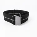 Black nylon elastic watch strap with white center line and metal buckle, 20/22mm size. - 20mm / Black with White Stitching & Silver Buckle