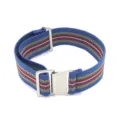 Elastic nylon watch strap, 20mm 22mm blue parachute style band with red and green stripes. - 20mm / Blue, Green, Red & White with Silver Buckle