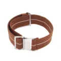 Premium brown nylon elastic watch strap with white stripe and stainless steel hardware. - Brown & White with Silver Buckle