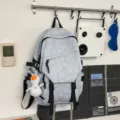 Nahaufnahme eines hellblauen geometrischen Rucksacks an der Wand mit Entenanhänger. - Blau