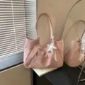 Pink star print shoulder tote bag with star pendant, casual daily commuting handbag. - With Pendant / Pink