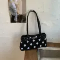 Élégant sac à épaule noir à pois, sac bandoulière rétro avec fermeture à serrure métallique. - Noir