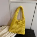 Yellow woven mesh shoulder bag for women, minimalist hollow out casual handbag spring style. - Yellow
