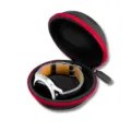 Portable hard shell watch storage box detail view with black and red zipper design. - Black Red