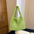 Lime green woven underarm bag detail shot, stylish hollow mesh shoulder handbag for daily use. - Light Green