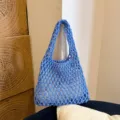 Blue woven mesh shoulder bag, minimalist crochet underarm handbag, casual daily purse for women. - Blue