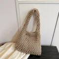 Beige woven mesh shoulder bag detail, minimalist hollow rope style for daily wear. - Dark Khaki