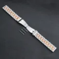 Two-tone stainless steel metal watch band three bead replacement strap with clasp. - Silver & Rose Gold
