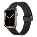 Replacement leather watch strap with magnetic folding buckle compatible with smart watch, black. - Litchi Texture Black