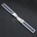 Stainless steel watch band with blue links, replacement strap with deployment clasp and bars. - Silver & Blue