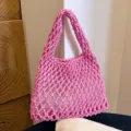 Pink Woven Shoulder Bag, Casual Crochet Handbag, Stylish Hollow Out Design for Women. - Rose Pink