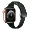 Dark green leather magnetic folding buckle watch strap compatible with Apple Watch. - Slim Dark Green Litchi Grain