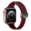 Magnetic folding wave leather replacement strap compatible with various smart watch models - Slim Wine Red Litchi Grain