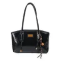 Black patent leather shoulder bag casual tote purse with double straps and metal plaque. - Without Charm / Black