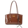 Brown patent PU leather shoulder bag casual commuting tote bag with braided handles and charm. - Without Charm / Brown
