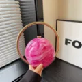 Pink marble spherical clutch bag with golden ring handle, stylish evening handbag. - Rose Red