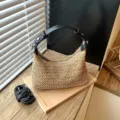 Sommer gewebte Stroh Umhängetasche für Damen, elegante Strand Urlaub Handtasche Hobo Bag. - Standardausführung / Schwarz