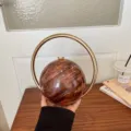 Round acrylic evening handbag with metal ring handle, chic brown marbled design for women stylish. - Brown