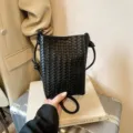 Sac seau bandoulière en cuir tissé noir, sac à main tendance élégant pour femmes. - Noir