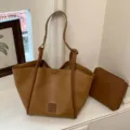 Sac cabas marron en similicuir avec pochette assortie, grand sac bandoulière quotidien. - Kaki