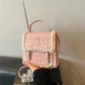 Pink tweed mini backpack for women, sweet style small school bag with cute bows and lace ruffles. - Pink