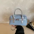 Blau Denim Patchwork Handtasche Stilvoll Casual Schulter Umhängetasche Boston Tasche - Ohne Anhänger / Silber