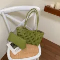 Green woven hollow out shoulder tote bag and pouch set, casual commuter handbag for women. - Grass Green