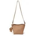 Chic brown leather bucket shoulder bag with cute bear charm for women daily commuting style. - With Pendant / Khaki