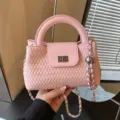 Pink woven leather chain handbag for women, elegant top handle crossbody square bag. - Pink