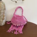 Pink woven macrame handbag with beads and tassels for summer beach vacation and daily use. - Rose Red