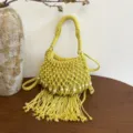 Yellow woven hobo bag with tassel and wooden beads, stylish summer resort handbag. - Yellow