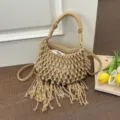 Woven macrame bucket bag for women, summer hollow vacation handbag with fringe and strap. - Khaki