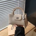Women beige woven top handle chain handbag, stylish elegant small square bag summer new. - Khaki