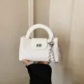White woven small top handle crossbody bag for women with chain and metal turn-lock. - Off White