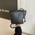 Black woven bucket bag women stylish crossbody phone bag daily casual shoulder handbag. - Black With Pendant