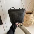 Black woven leather bucket bag for women, stylish chic single shoulder crossbody bag daily use. - Black without Pendant