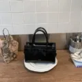Borsa a mano nera in pelle verniciata con fiocco donna elegante borsa tracolla moda - Nero